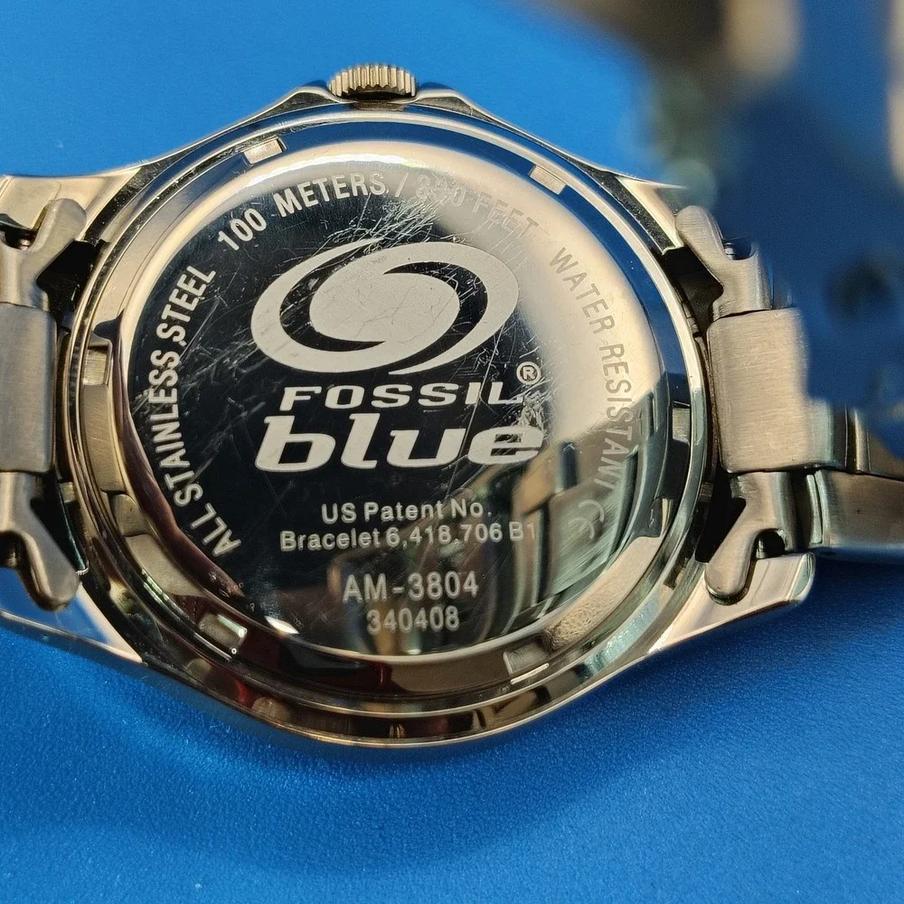 Vintage 2007 Fossil Blue Date Crystal Bezel 40mm Mens Quartz Watch Restored